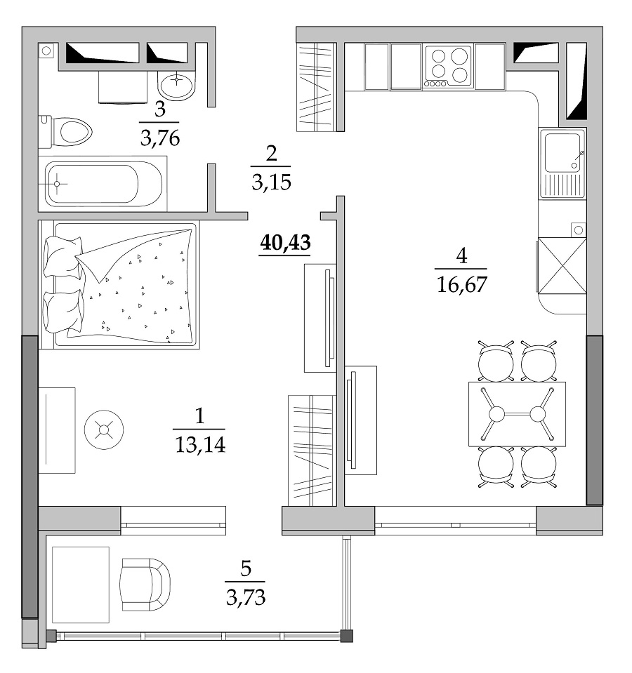 1-кімнатна 43.3 м² в Мкрн Таїровські сади від 20 150 грн/м², с. Лиманка