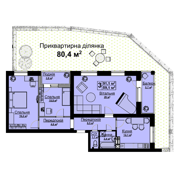 3-комнатная 91.1 м² в ЖК Vlasna от 22 000 грн/м², с. Ходосовка