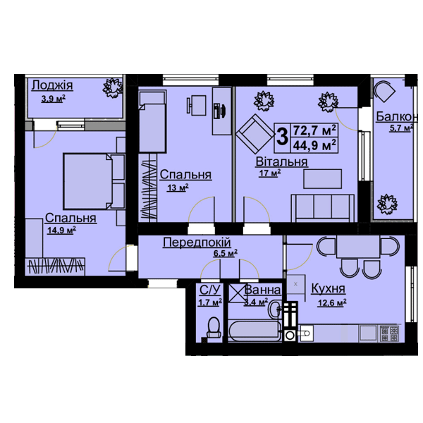 3-кімнатна 72.7 м² в ЖК Vlasna від 22 000 грн/м², с. Ходосівка