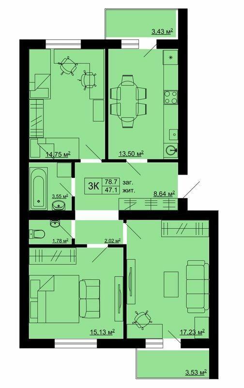 3-комнатная 78.7 м² в ЖК Південний от 21 000 грн/м², с. Сокольники