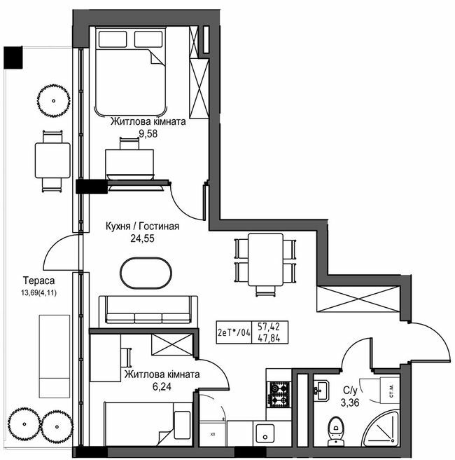 2-кімнатна 47.59 м² в ЖМ ARTVILLE від 21 950 грн/м², смт Авангард