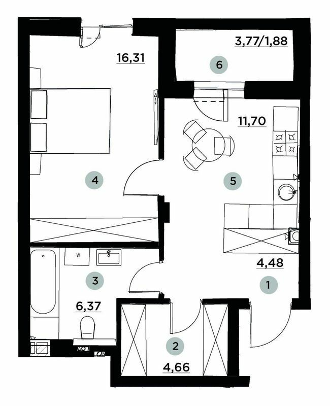 1-комнатная 45.4 м² в ЖК PARKTOWN от 18 500 грн/м², пгт Гостомель