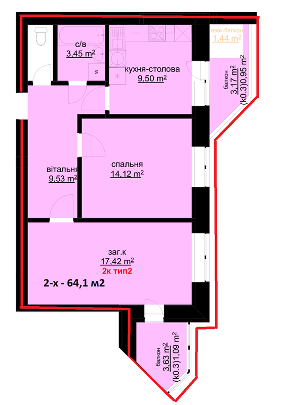 2-кімнатна 64.1 м² в ЖК Набережний від 25 000 грн/м², м. Біла Церква