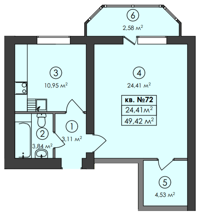 1-кімнатна 49.42 м² в ЖК Family-2 від 18 100 грн/м², с. Гатне