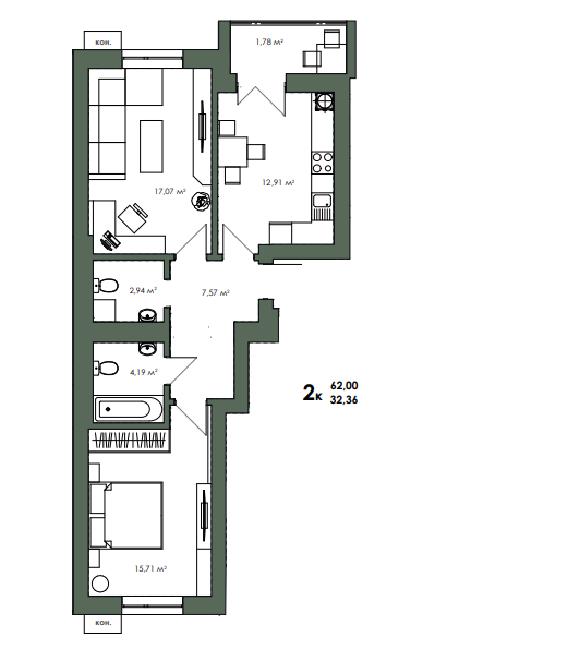 2-комнатная 62 м² в ЖК Art Misto от 29 500 грн/м², с. Софиевская Борщаговка