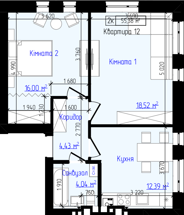 2-кімнатна 55.38 м² в ЖК Viking Home від 19 000 грн/м², м. Ірпінь