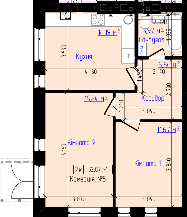 2-кімнатна 52.87 м² в ЖК Viking Home від 19 000 грн/м², м. Ірпінь