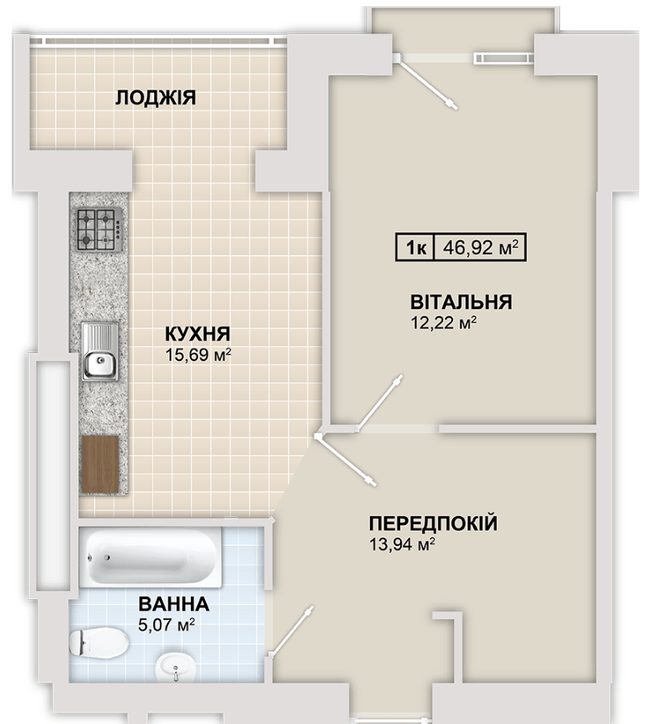 1-кімнатна 46.92 м² в ЖК Містечко Козацьке від 13 800 грн/м², Івано-Франківськ