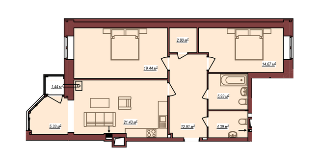 2-кімнатна 87.34 м² в ЖК Будинок Чехова від 12 500 грн/м², м. Кам`янець-Подільський