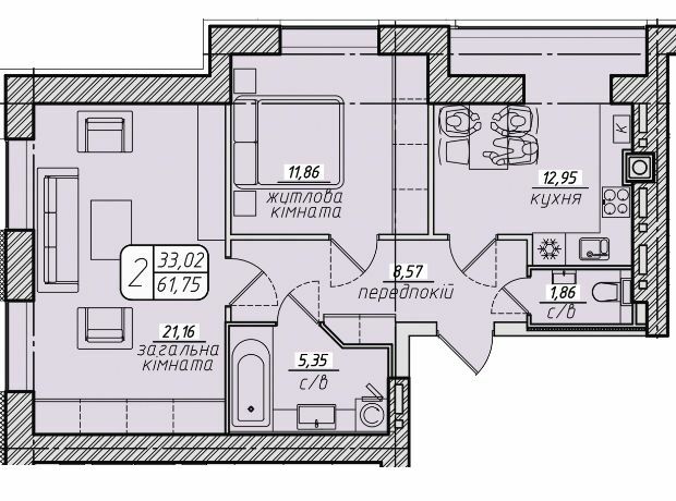 2-кімнатна 61.75 м² в ЖК Західний від 17 500 грн/м², Вінниця