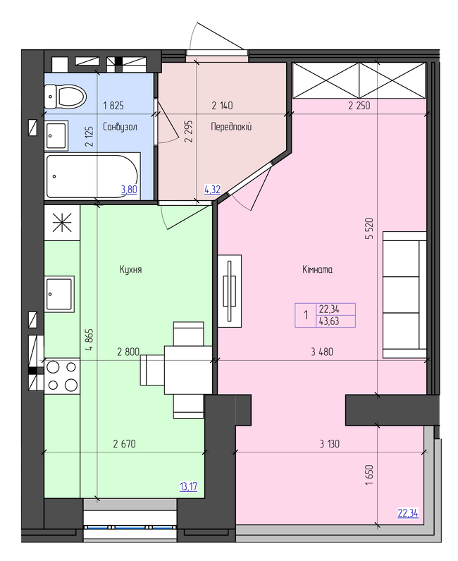 1-комнатная 43.63 м² в ЖК Атлант от 14 300 грн/м², Луцк