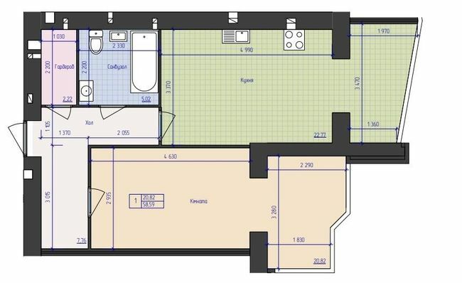 1-кімнатна 58.59 м² в ЖК Преміум Парк від 20 000 грн/м², Житомир