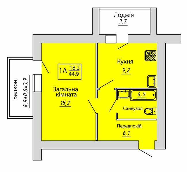 1-кімнатна 44.6 м² в ЖК Київський від 15 700 грн/м², Суми