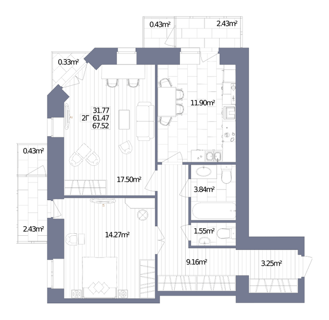 2-комнатная 67.52 м² в ЖК Oliva от 15 500 грн/м², г. Горишние Плавни