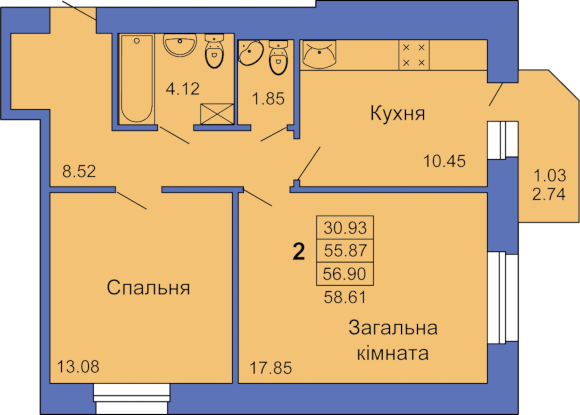 2-комнатная 58.61 м² в ЖК на пл. Павленковская, 3В от 22 000 грн/м², Полтава