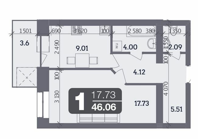 1-кімнатна 46.06 м² в ЖК Стандарт від 23 800 грн/м², Полтава