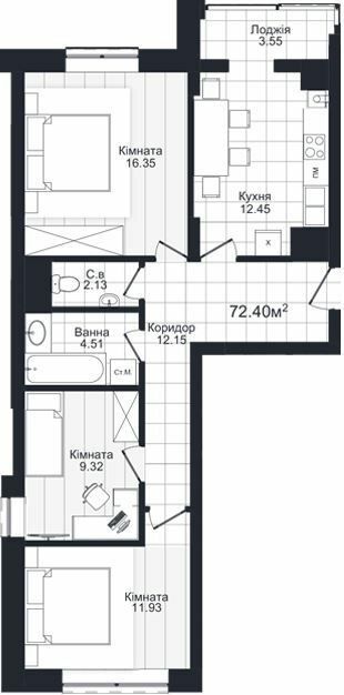 3-кімнатна 72.4 м² в ЖК Compass від 23 750 грн/м², Чернівці