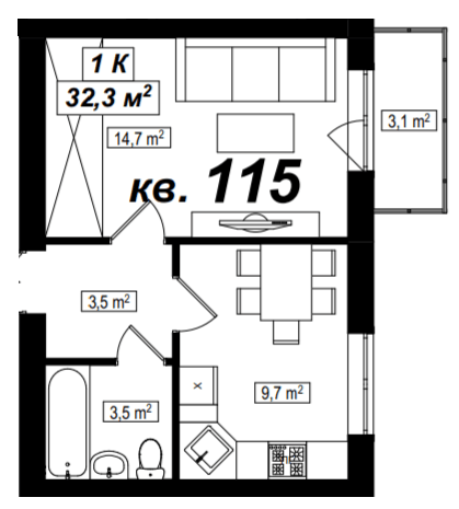 1-кімнатна 32.3 м² в ЖК Амстердам від 16 300 грн/м², с. Білогородка