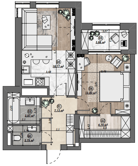 1-комнатная 54.95 м² в ЖК Dynastia BC от 22 600 грн/м², г. Белая Церковь