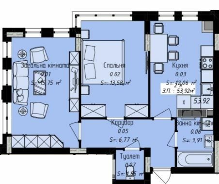 2-кімнатна 53.92 м² в ЖК Джем Сіті від 16 000 грн/м², м. Кам`янець-Подільський