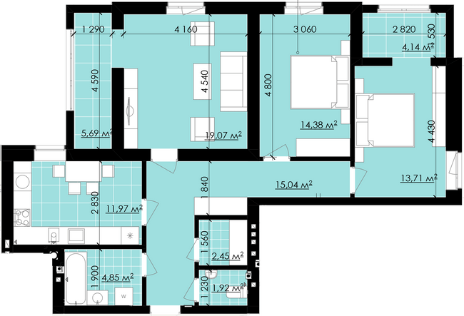 3-комнатная 93.22 м² в ЖК Галицкие Витражи от застройщика, г. Радехов