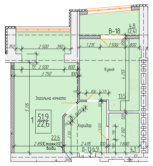 1-комнатная 51.9 м² в ЖК на ул. Петра Калнышевского от 14 500 грн/м², г. Кременчуг