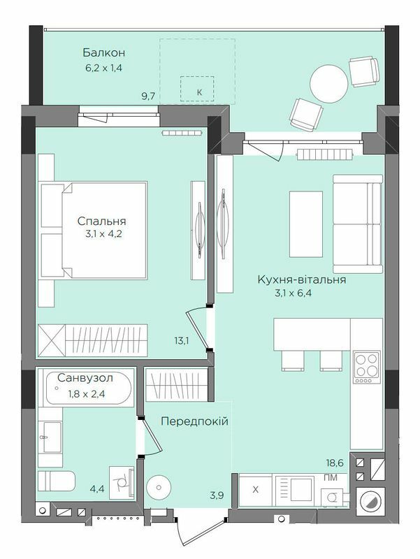 1-кімнатна 43.02 м² в ЖК Rubicon Premium від 28 850 грн/м², Львів