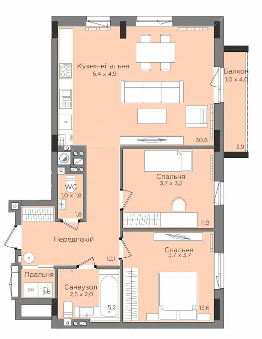 2-комнатная 78.2 м² в ЖК Rubicon Premium от 26 950 грн/м², Львов