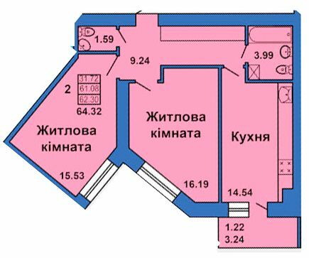 2-кімнатна 64.32 м² в ЖК на вул. Весняна, 9 від 24 000 грн/м², Полтава