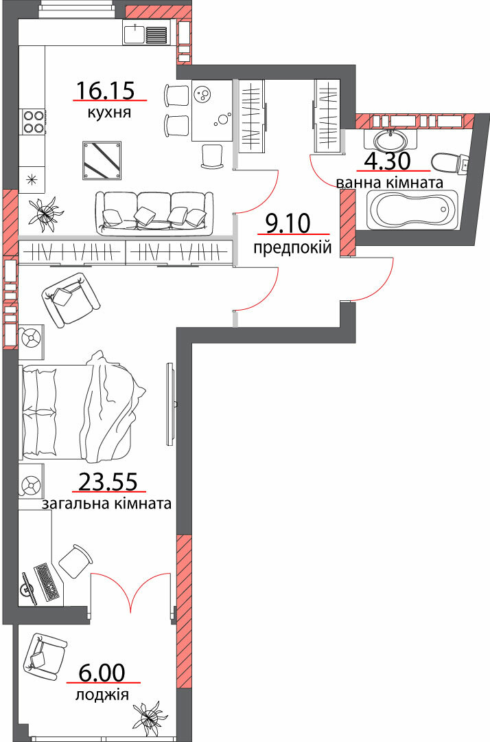 1-кімнатна 59.1 м² в ЖК на вул. Шевченко, 96а від 31 550 грн/м², Полтава