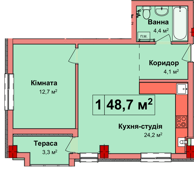 1-комнатная 48.7 м² в КД Карнаухова 58 от 33 200 грн/м², Ровно
