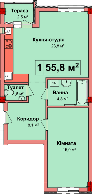 2-комнатная 55.8 м² в КД Карнаухова 58 от 23 050 грн/м², Ровно