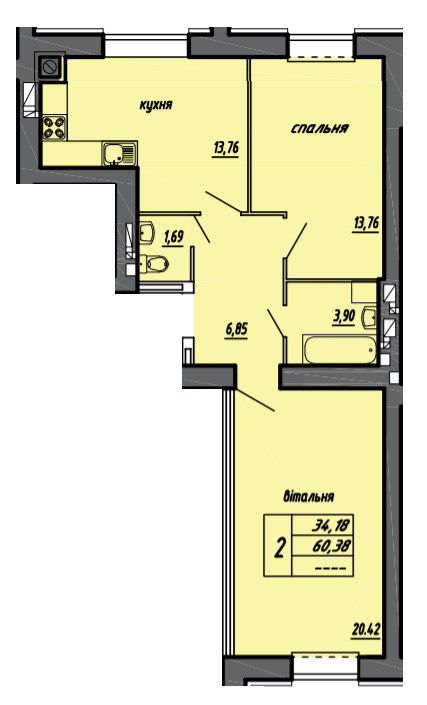 2-кімнатна 60.38 м² в ЖК на вул. Чернівецька, 71 від 14 300 грн/м², Тернопіль