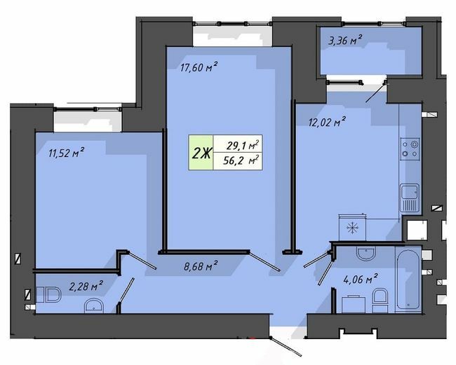 2-комнатная 56.2 м² в ЖК Львовский от 18 000 грн/м², Тернополь