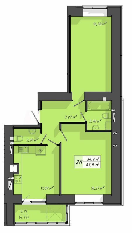 2-комнатная 63.9 м² в ЖК Львовский от 18 000 грн/м², Тернополь