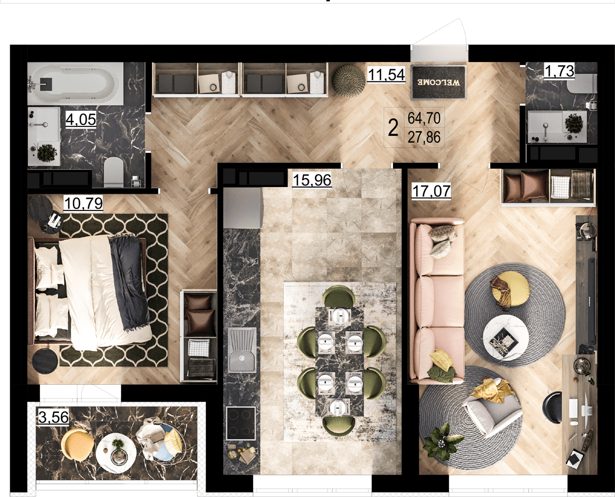 2-комнатная 64.7 м² в ЖК Парковый квартал «Город цветов» от 34 100 грн/м², Киев