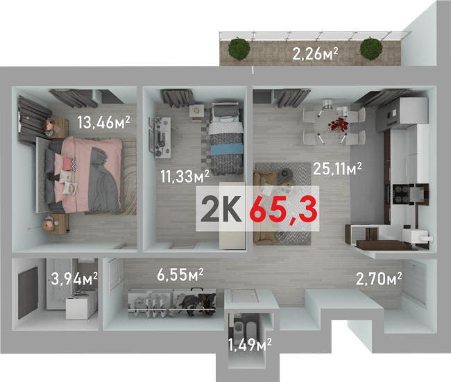 2-кімнатна 65.3 м² в ЖК Квартал Краківський від 13 300 грн/м², с. Вовчинець