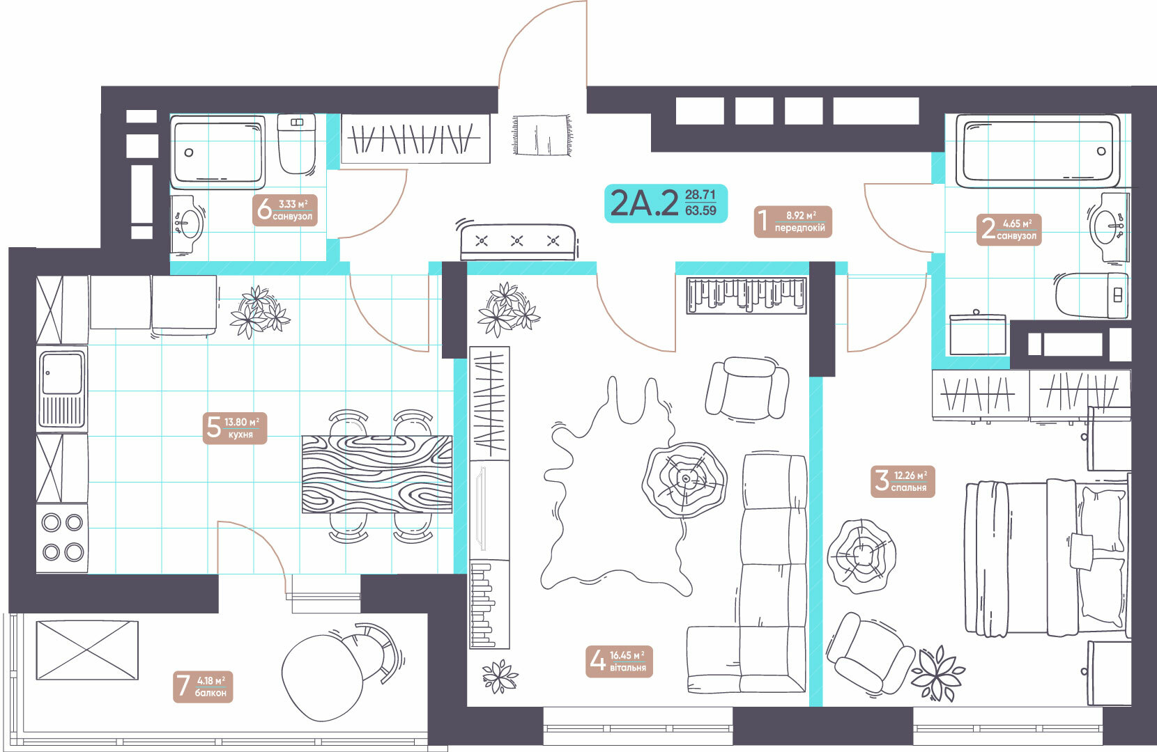 2-комнатная 63.59 м² в ЖК Теремки от 24 854 грн/м², Киев