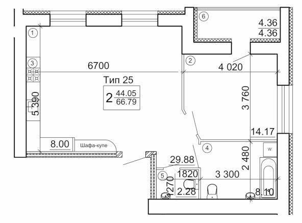 2-комнатная 66.79 м² в Мкрн Академический от 18 500 грн/м², Винница