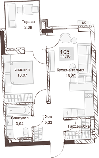 1-комнатная 41.1 м² в ЖК Pokrovsky Apart Complex от 31 550 грн/м², Ровно