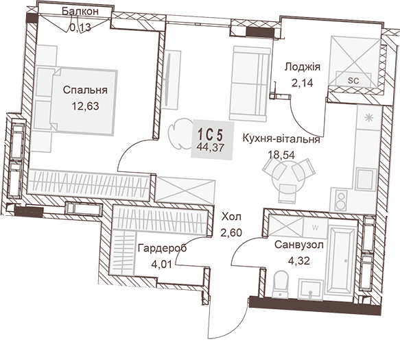 1-комнатная 44.37 м² в ЖК Pokrovsky Apart Complex от 31 550 грн/м², Ровно