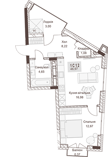 1-комнатная 46.97 м² в ЖК Pokrovsky Apart Complex от 31 550 грн/м², Ровно