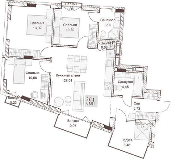 3-комнатная 81.81 м² в ЖК Pokrovsky Apart Complex от 31 850 грн/м², Ровно