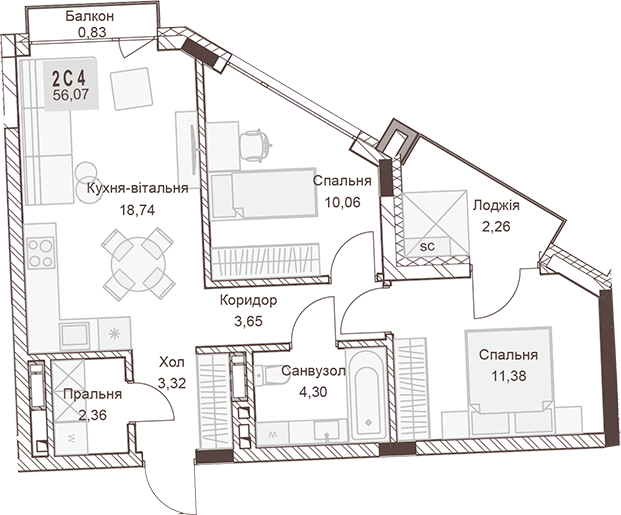 2-комнатная 56.07 м² в ЖК Pokrovsky Apart Complex от 31 550 грн/м², Ровно