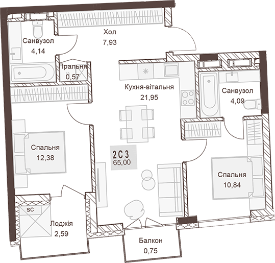 2-кімнатна 65 м² в ЖК Pokrovsky Apart Complex від 31 550 грн/м², Рівне