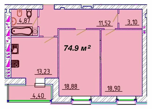 2-комнатная 74.9 м² в ЖК Графський от 18 900 грн/м², Черкассы