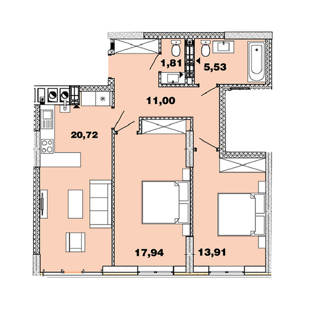 2-кімнатна 70.91 м² в ЖК Crystal Avenue від 28 000 грн/м², с. Петропавлівська Борщагівка