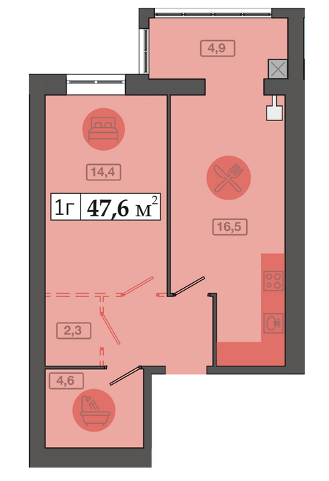 1-комнатная 47.6 м² в ЖК Счастливый в Днепре от 20 300 грн/м², Днепр