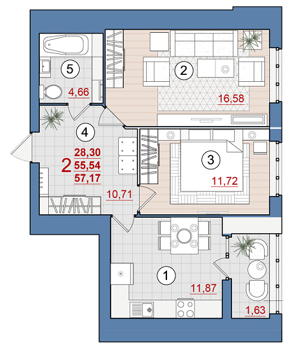 2-комнатная 57.17 м² в ЖК Уютный от 14 900 грн/м², Чернигов