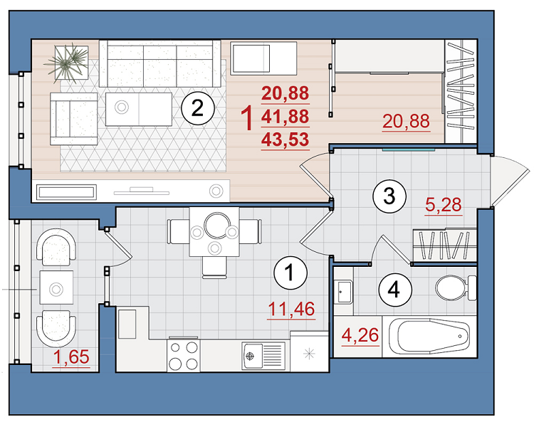 1-комнатная 43.53 м² в ЖК Уютный от 14 500 грн/м², Чернигов